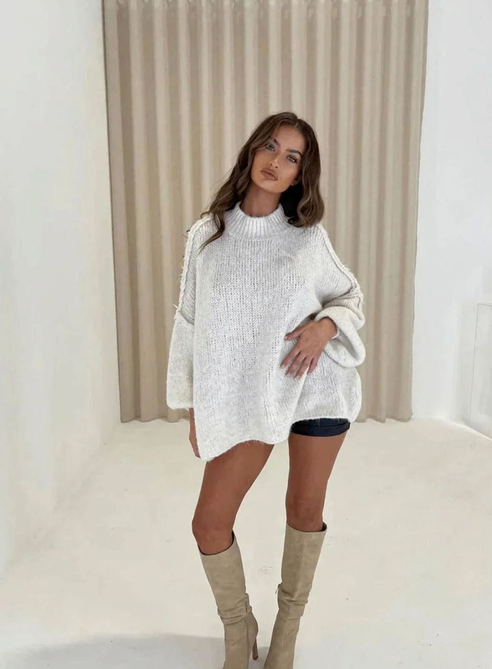 Pull oversize ample en maille ajourée à col montant pour femme