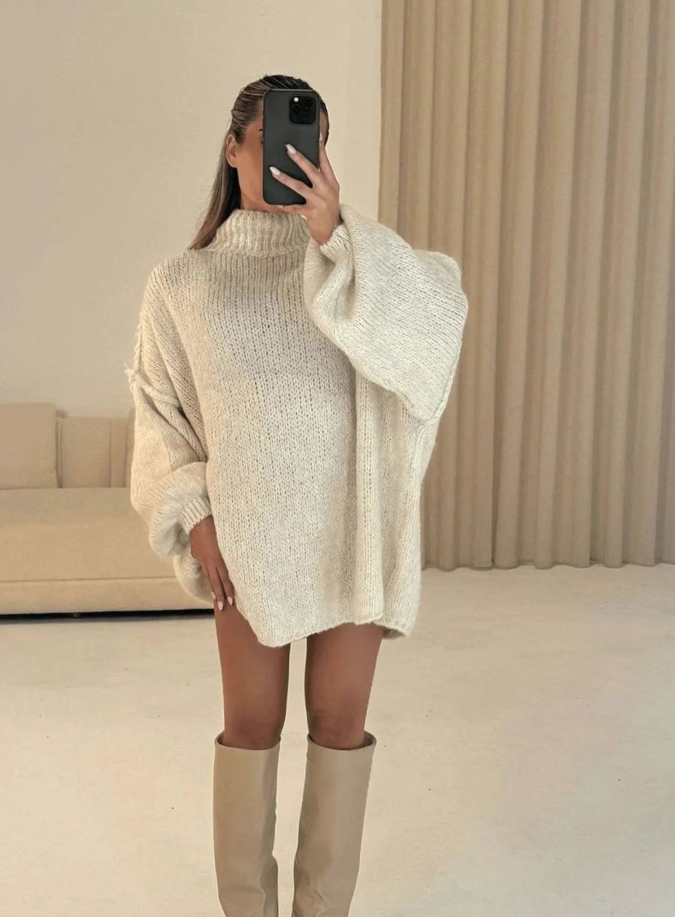Pull oversize ample en maille ajourée à col montant pour femme