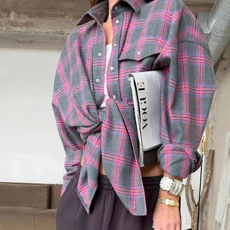 Chemise à carreaux oversize pour femme – Manches longues pour plus de confort