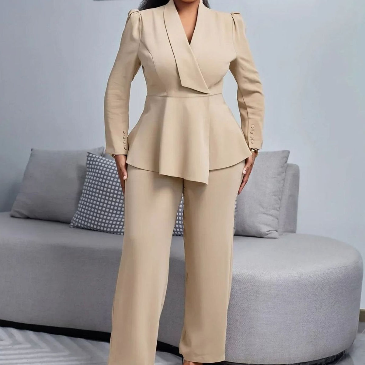 Women's Peplum Blazer and Wide-Leg Pants Suit Set
