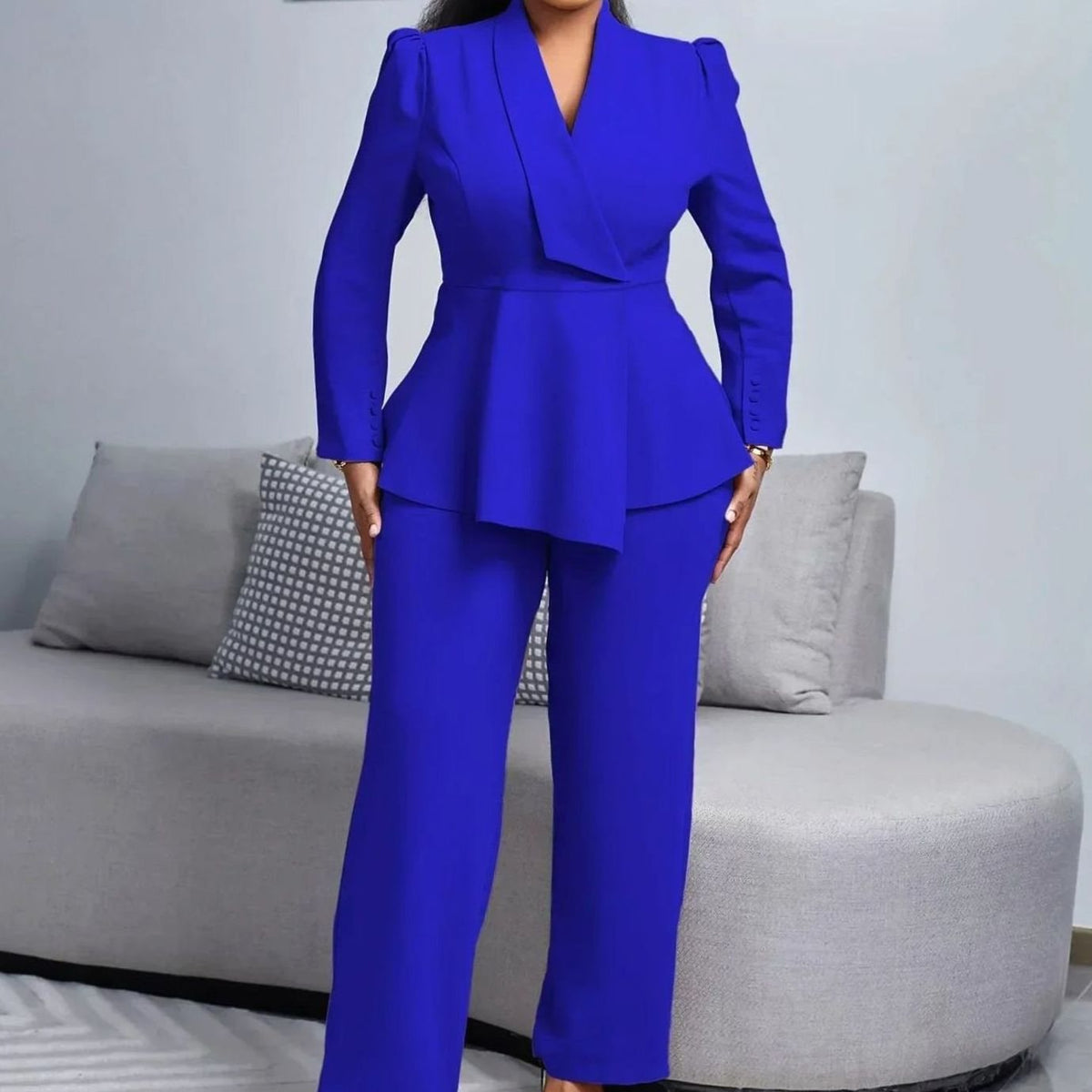 Women's Peplum Blazer and Wide-Leg Pants Suit Set