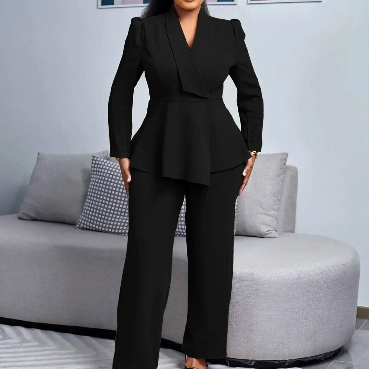 Women's Peplum Blazer and Wide-Leg Pants Suit Set