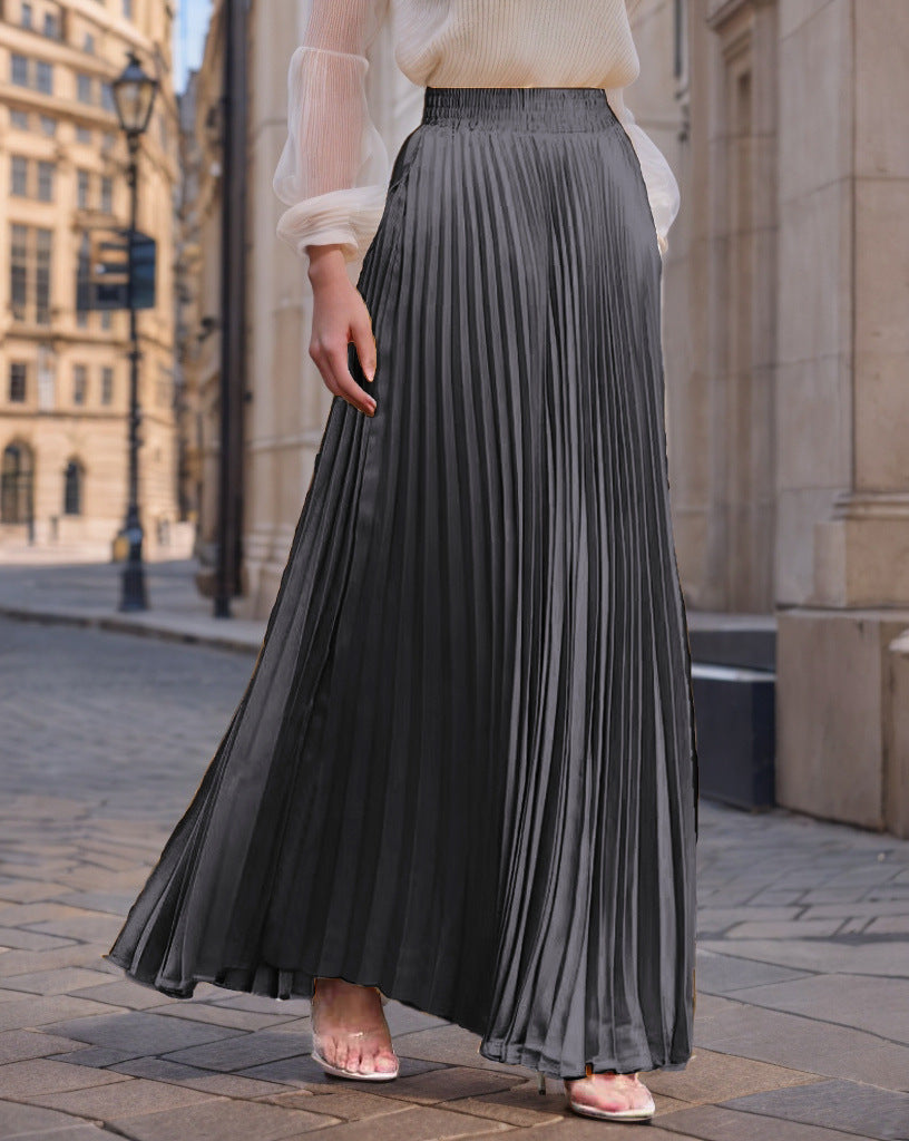 Jupe longue plissée fluide en satin pour femme avec taille élastique