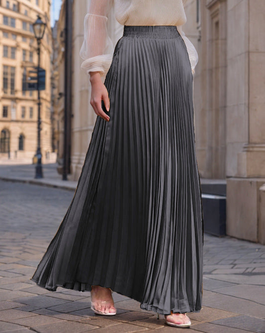Women's Pleated Flowy Satin Maxi Skirt with Elastic Waistband
