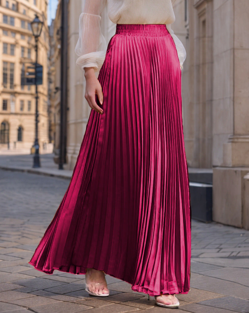 Jupe longue plissée fluide en satin pour femme avec taille élastique
