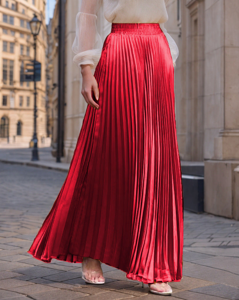 Jupe longue plissée fluide en satin pour femme avec taille élastique