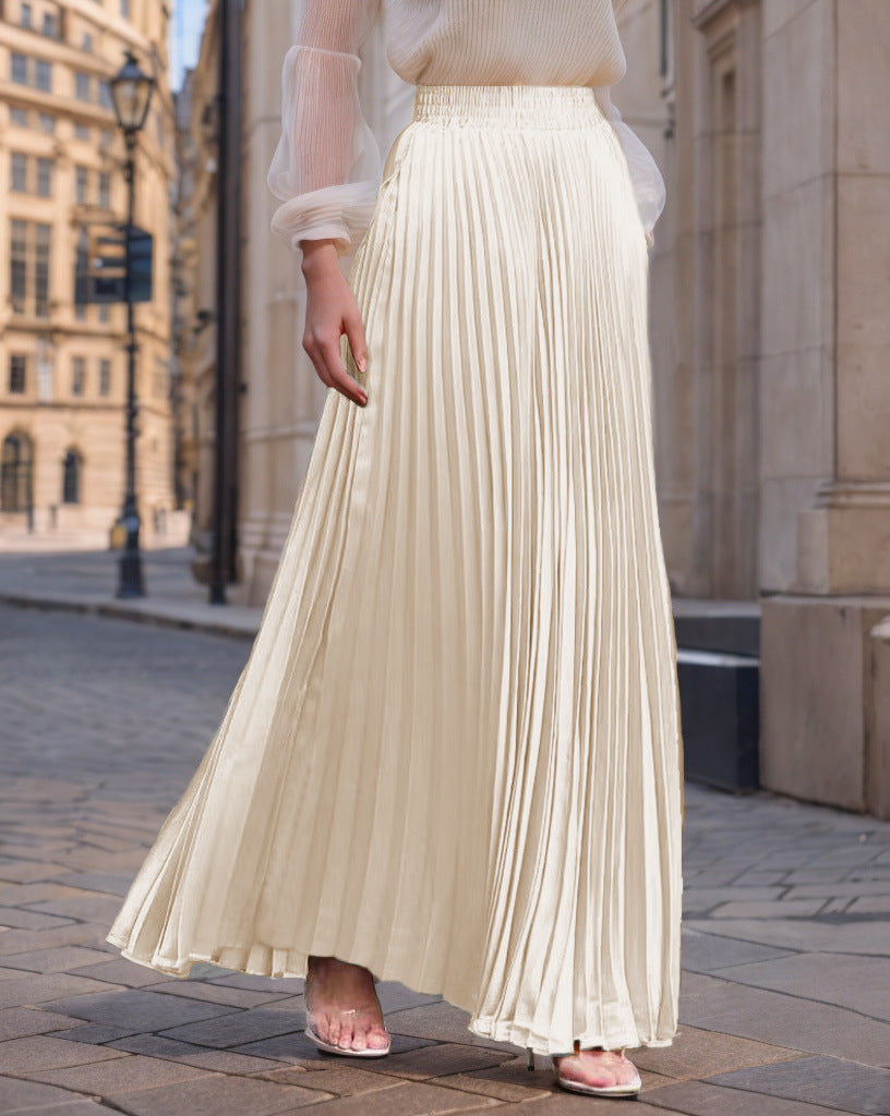Jupe longue plissée fluide en satin pour femme avec taille élastique