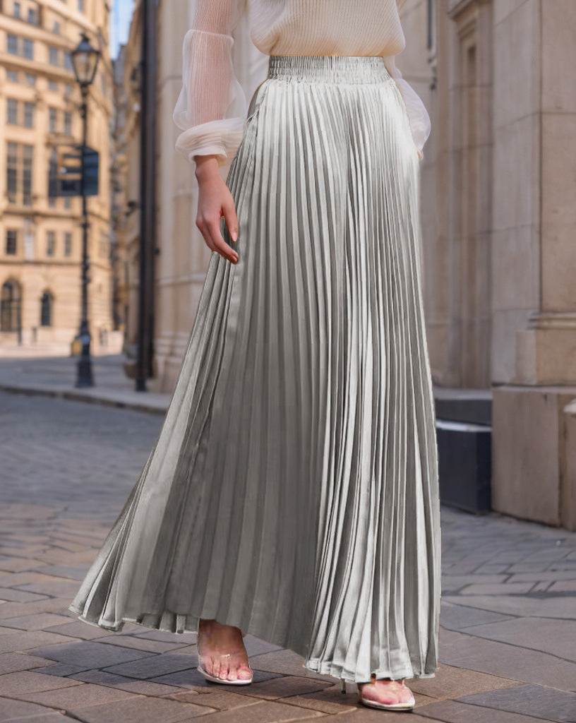 Jupe longue plissée fluide en satin pour femme avec taille élastique