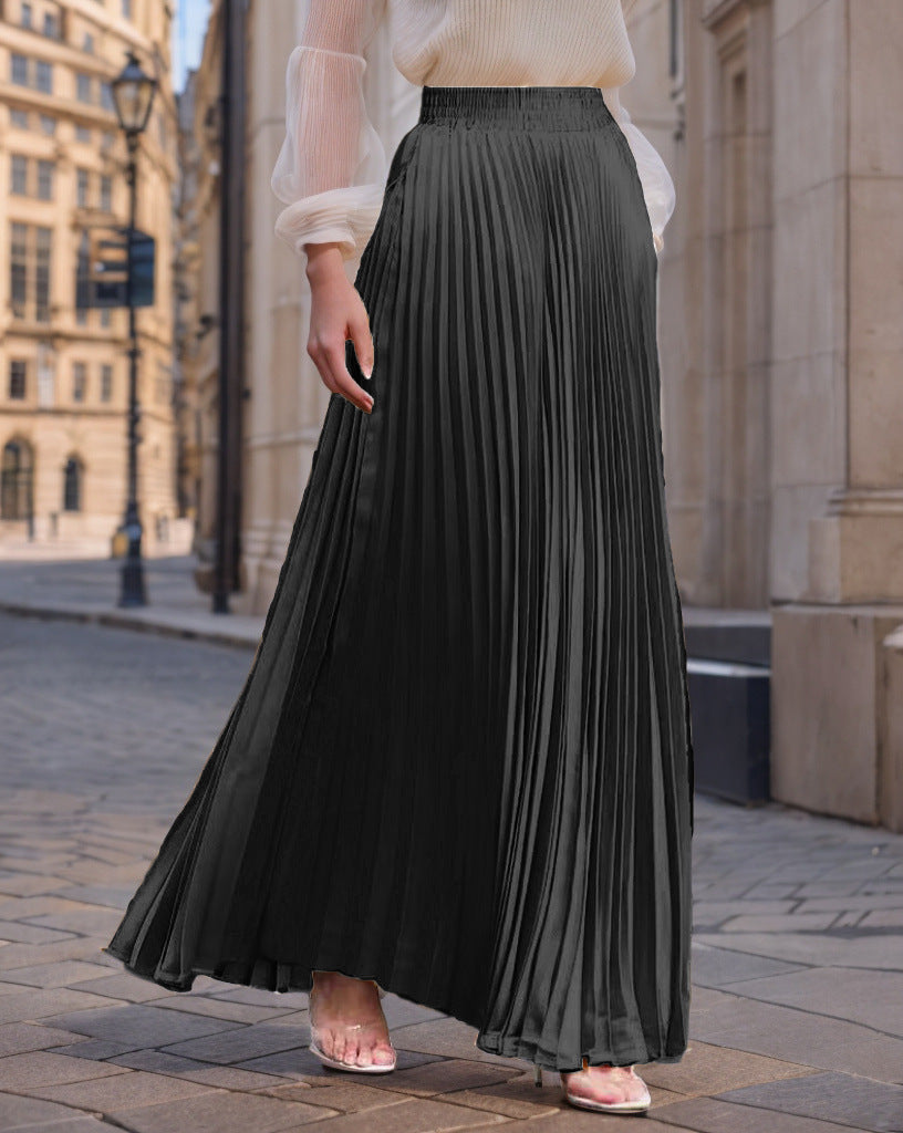 Jupe longue plissée fluide en satin pour femme avec taille élastique