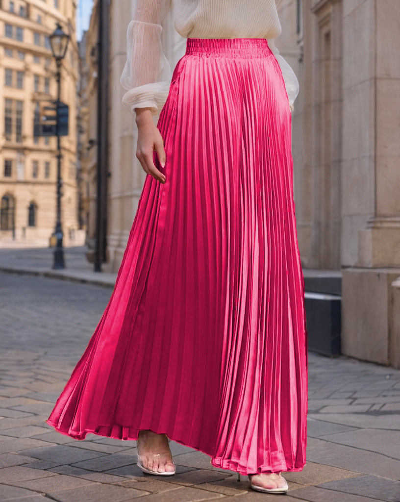 Jupe longue plissée fluide en satin pour femme avec taille élastique