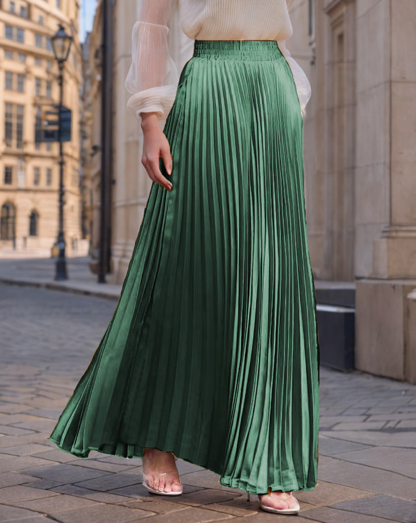 Jupe longue plissée fluide en satin pour femme avec taille élastique
