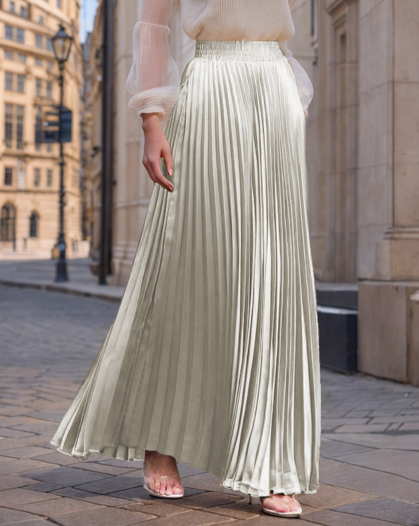Jupe longue plissée fluide en satin pour femme avec taille élastique