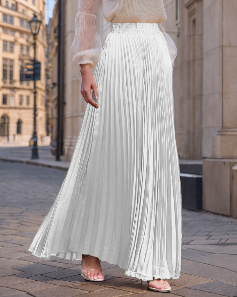 Jupe longue plissée fluide en satin pour femme avec taille élastique