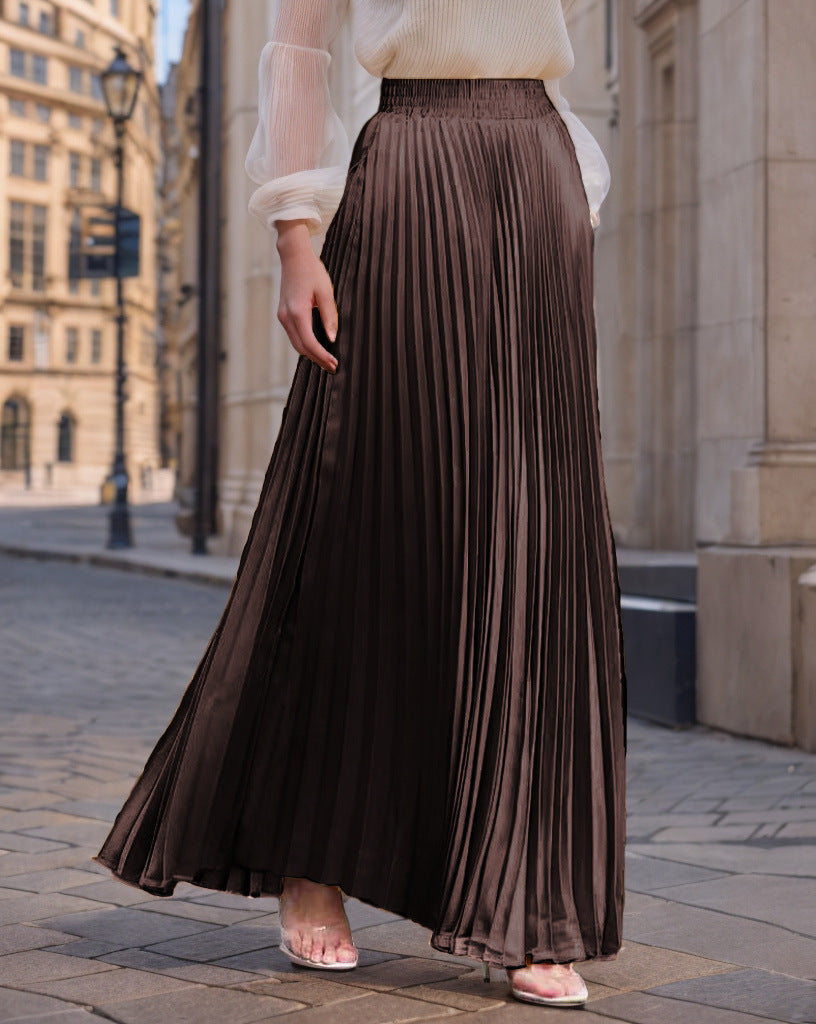 Jupe longue plissée fluide en satin pour femme avec taille élastique