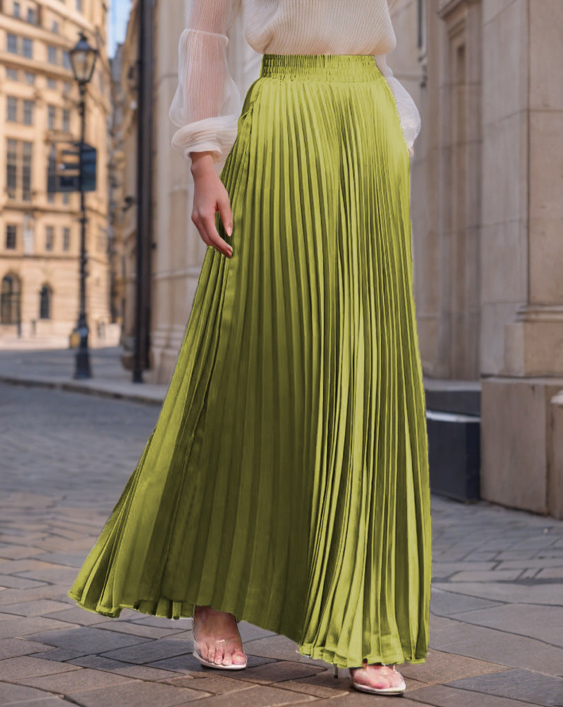 Jupe longue plissée fluide en satin pour femme avec taille élastique