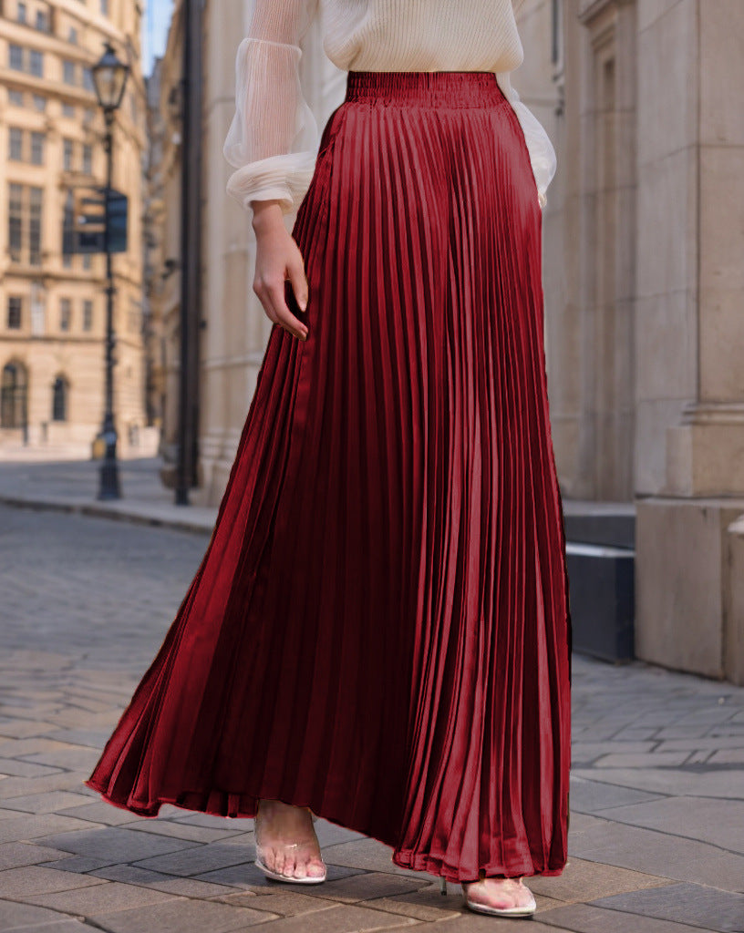 Jupe longue plissée fluide en satin pour femme avec taille élastique