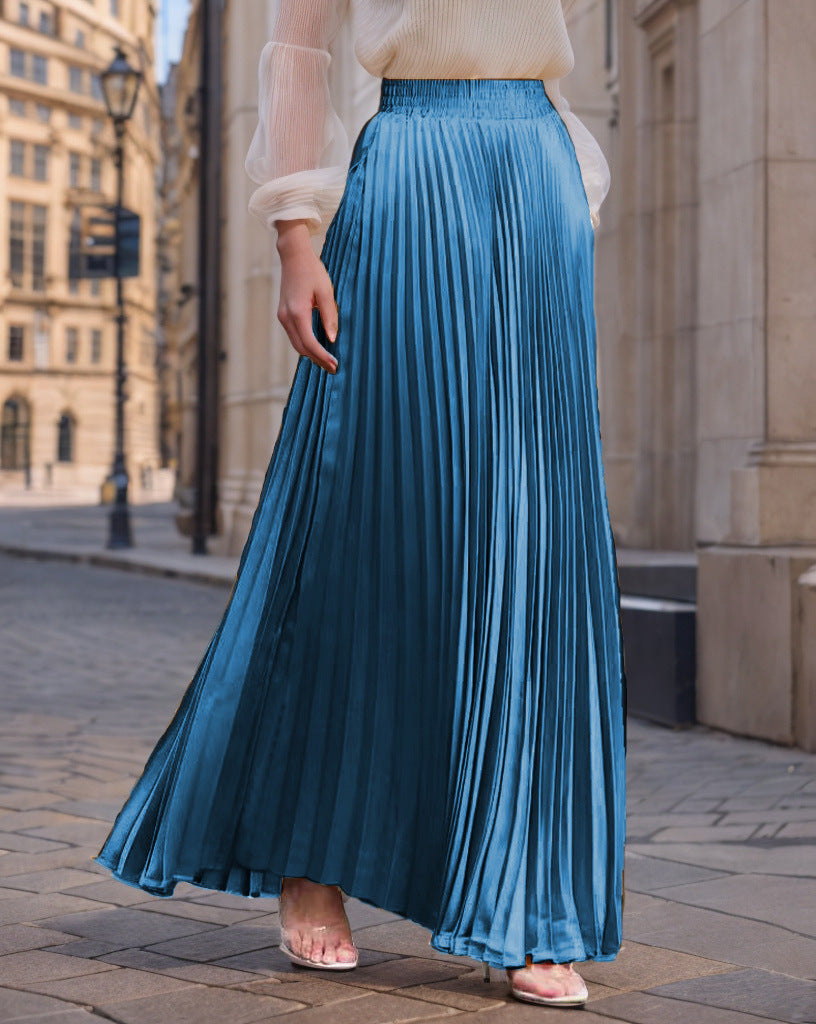 Jupe longue plissée fluide en satin pour femme avec taille élastique