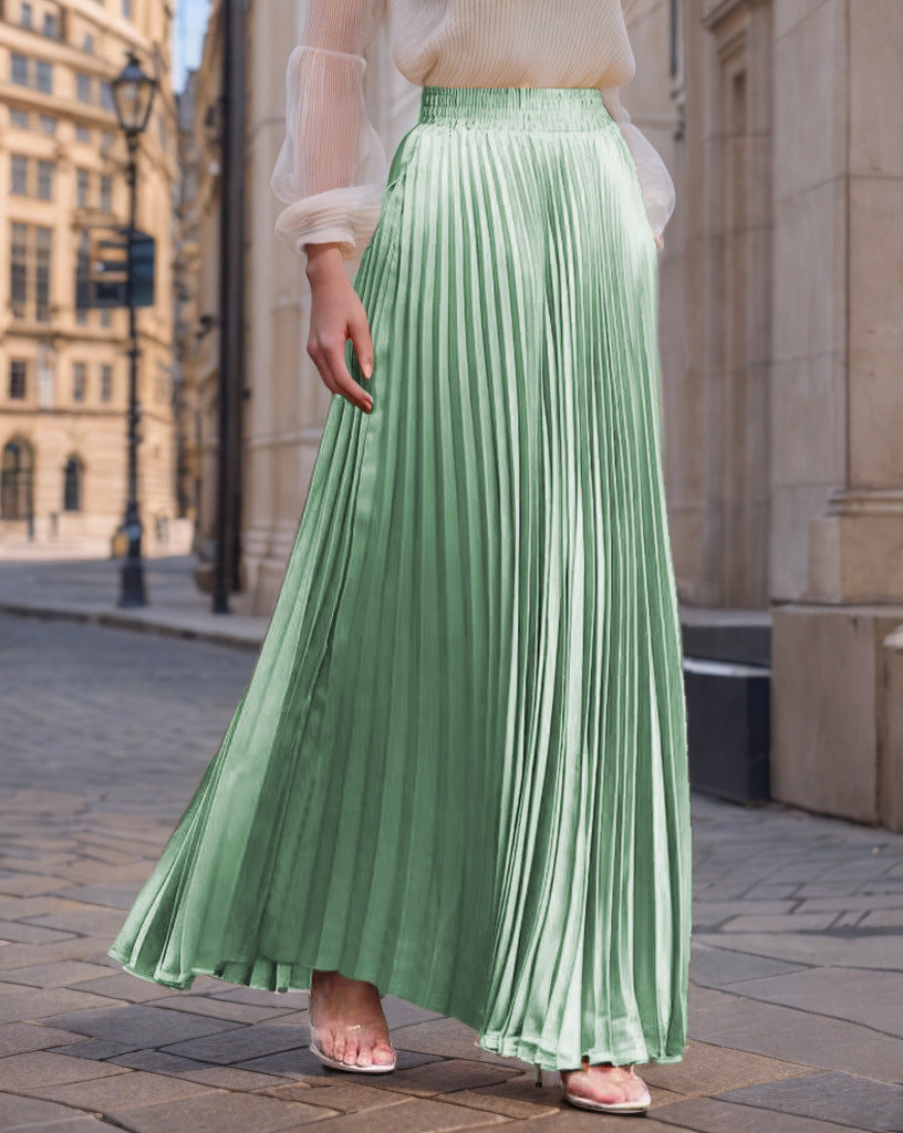 Jupe longue plissée fluide en satin pour femme avec taille élastique