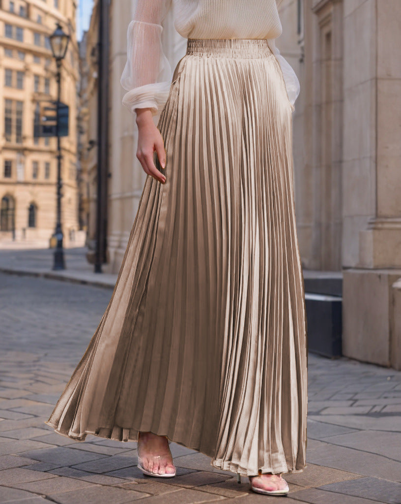 Jupe longue plissée fluide en satin pour femme avec taille élastique