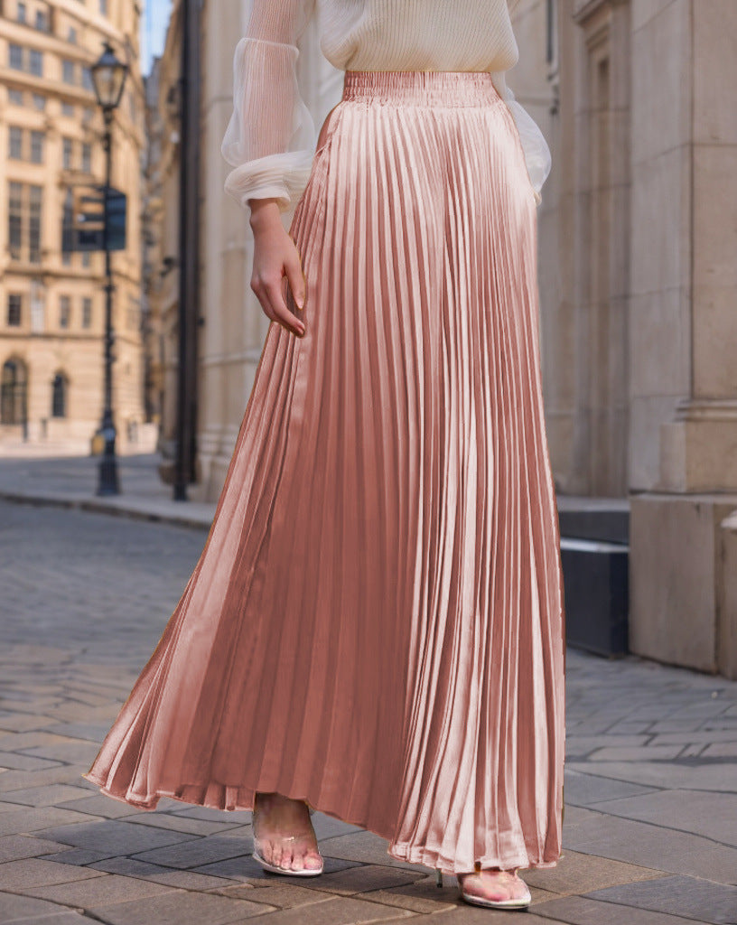 Jupe longue plissée fluide en satin pour femme avec taille élastique