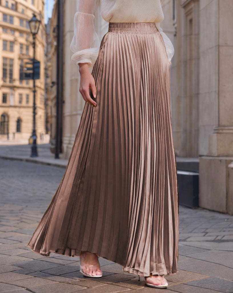 Jupe longue plissée fluide en satin pour femme avec taille élastique
