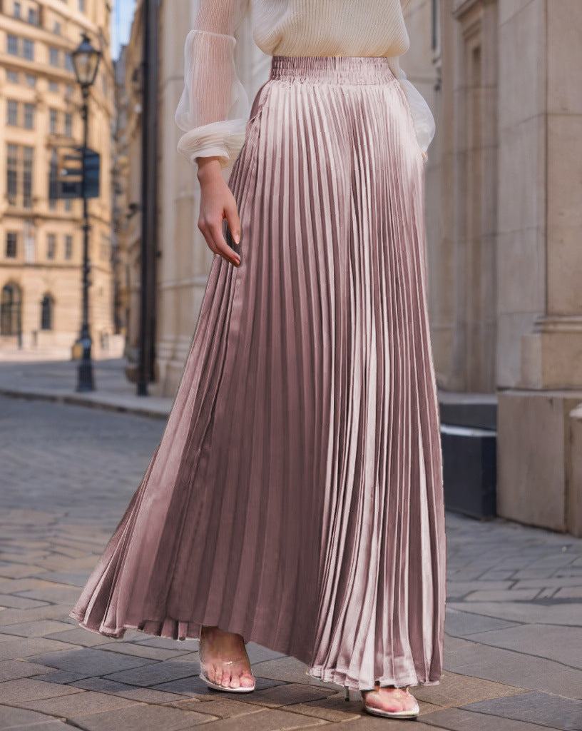 Jupe longue plissée fluide en satin pour femme avec taille élastique