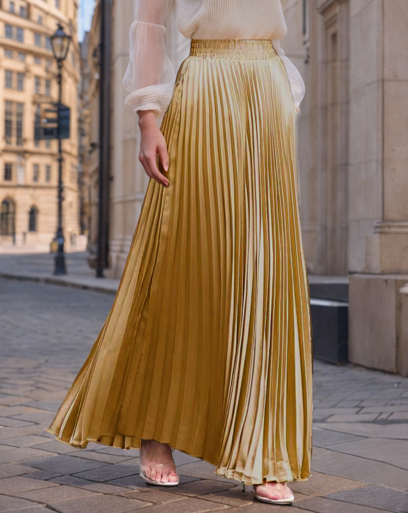 Jupe longue plissée fluide en satin pour femme avec taille élastique