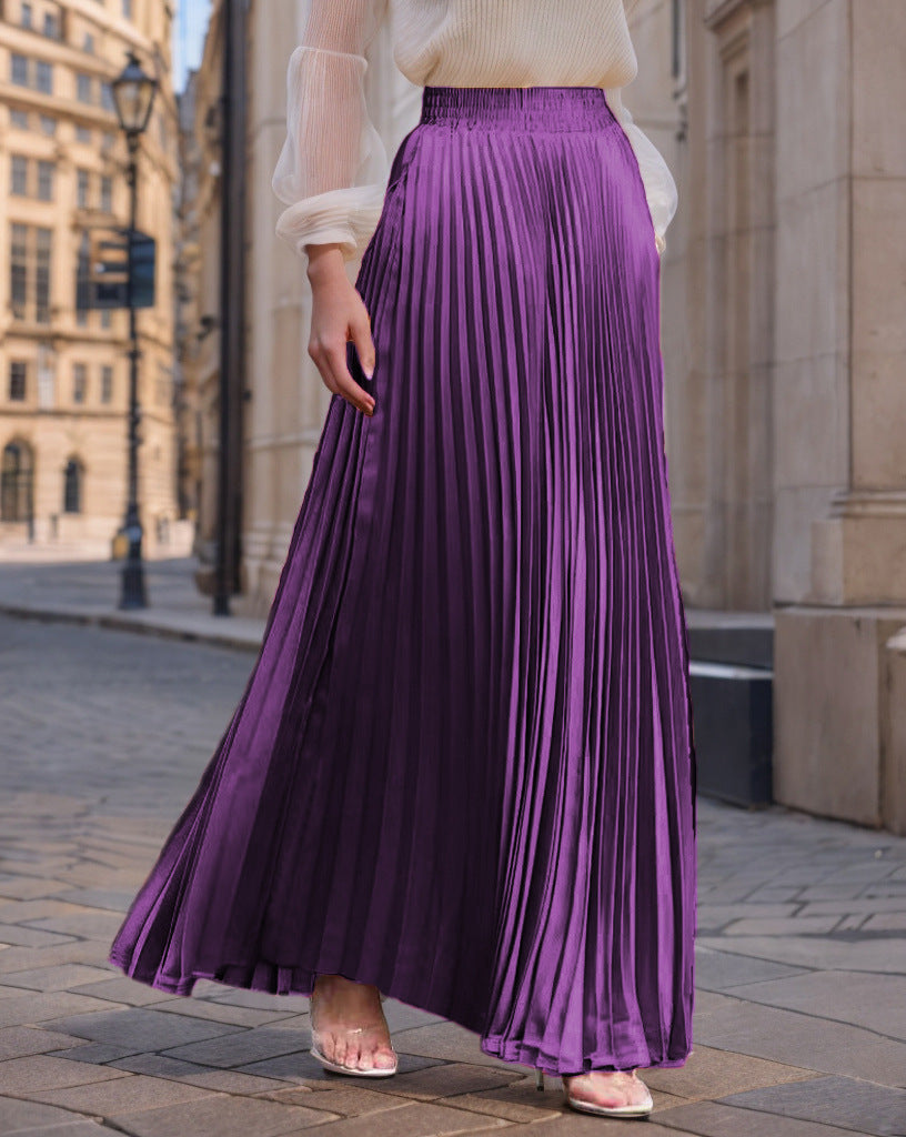 Jupe longue plissée fluide en satin pour femme avec taille élastique