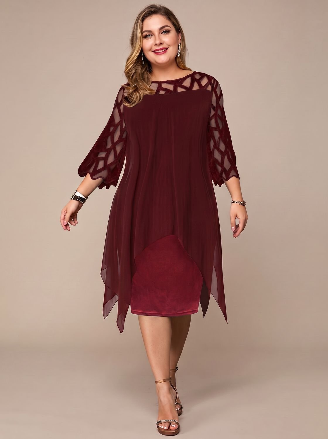Women's Plus Size Lace-Yoke Chiffon Overlay Midi Dress