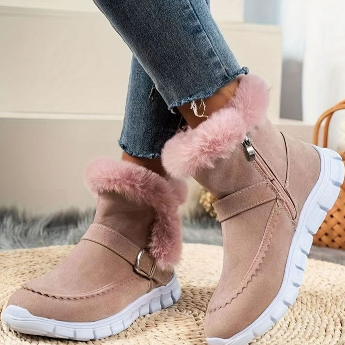 Women's Plush-Trimmed Buckle Ankle Snow Boots