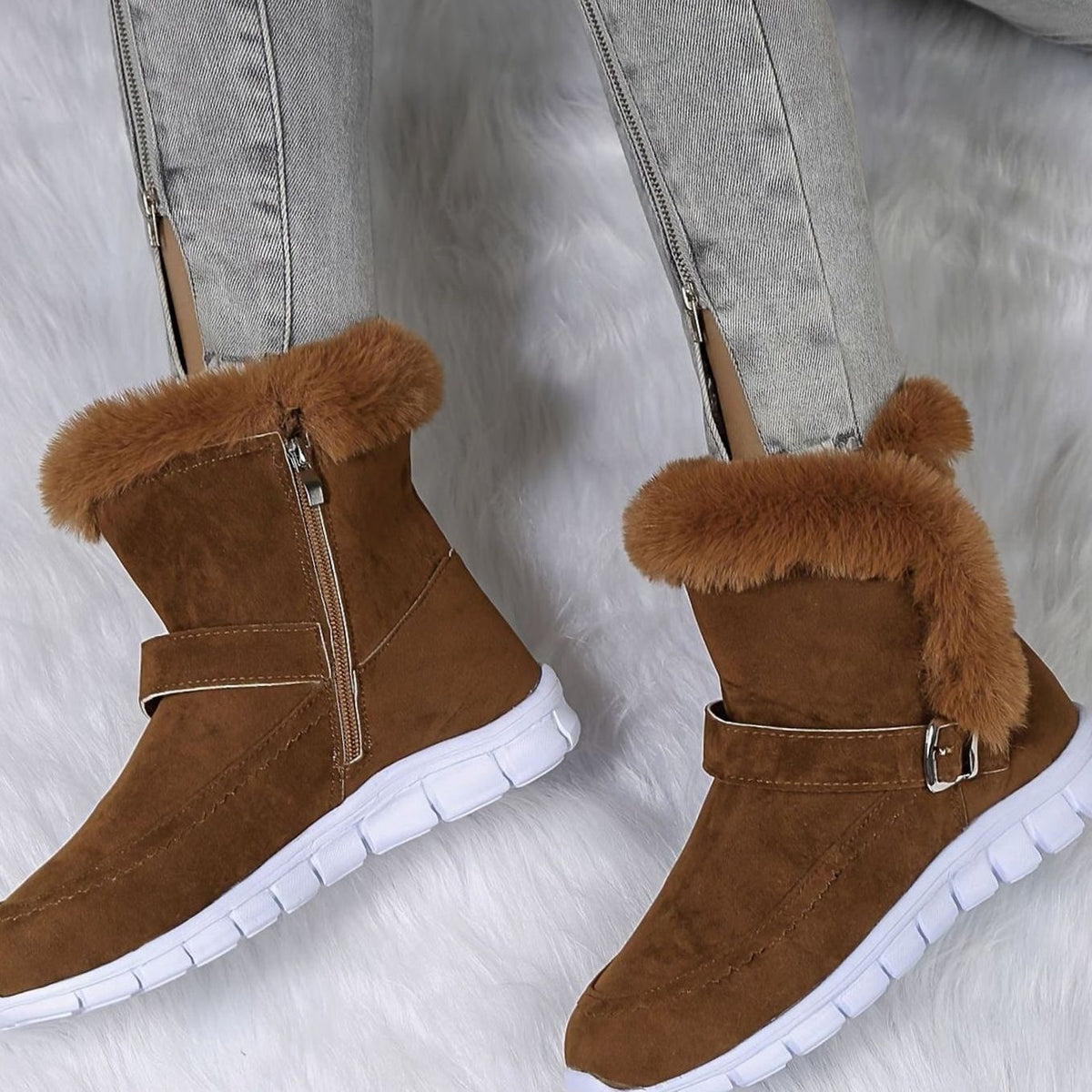 Women's Plush-Trimmed Buckle Ankle Snow Boots
