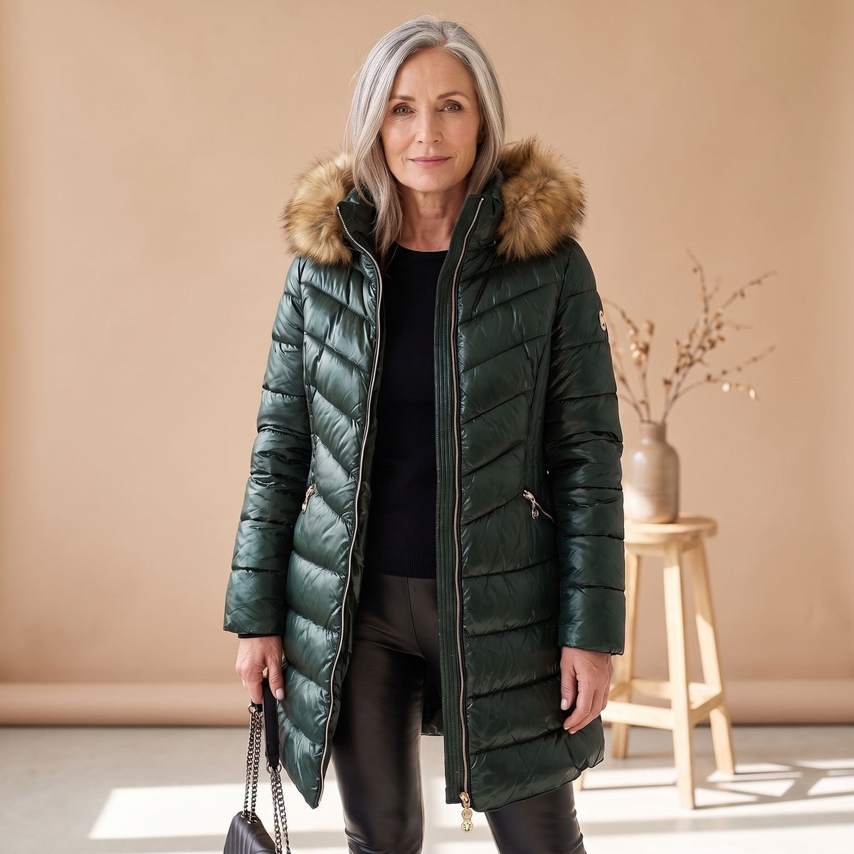 Women's Quilted Puffer Coat with Faux-Fur Collar