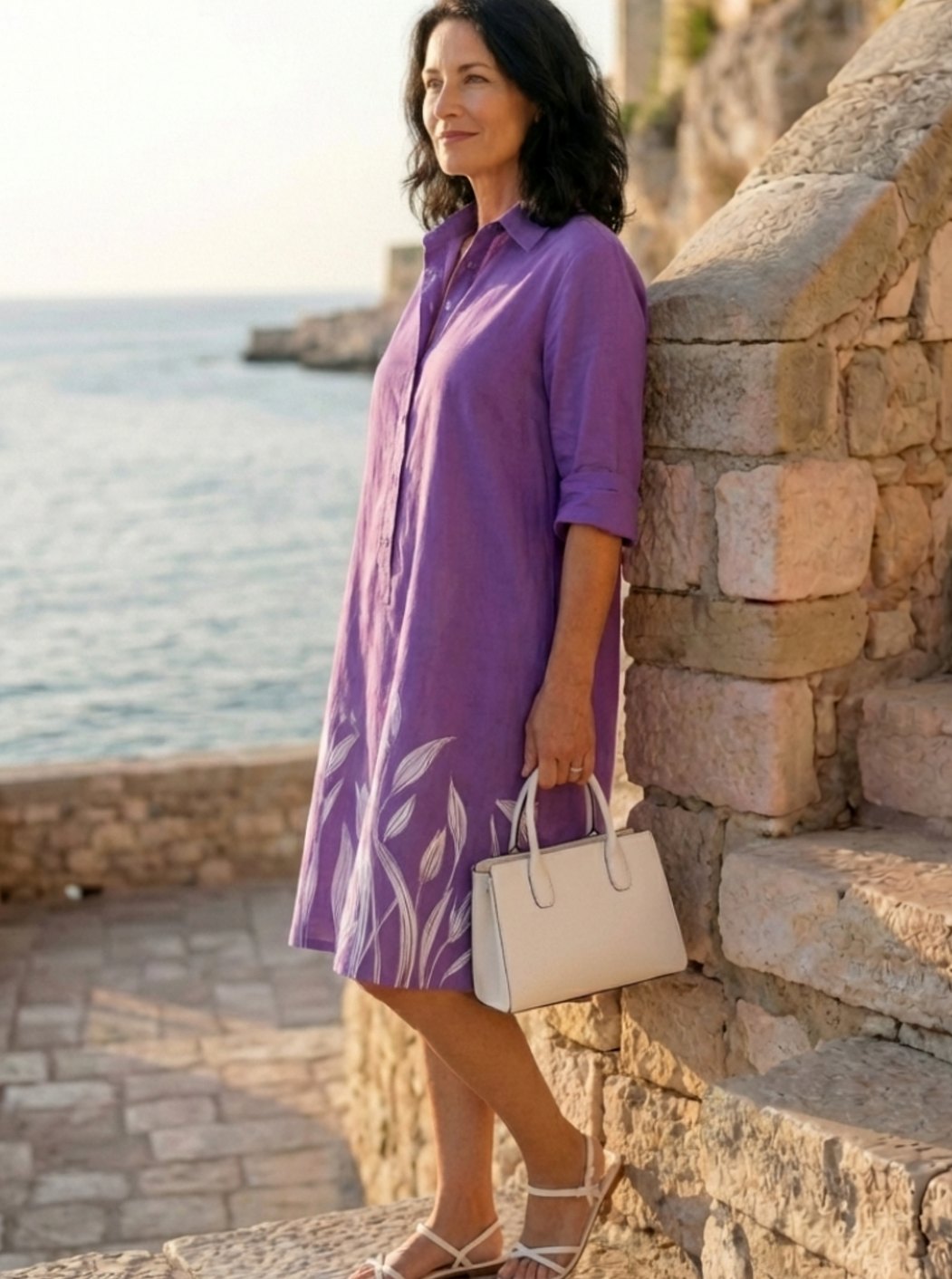 Robe-chemise pour femme à coupe décontractée, col et imprimé botanique