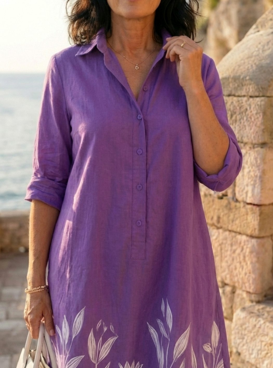 Robe-chemise pour femme à coupe décontractée, col et imprimé botanique