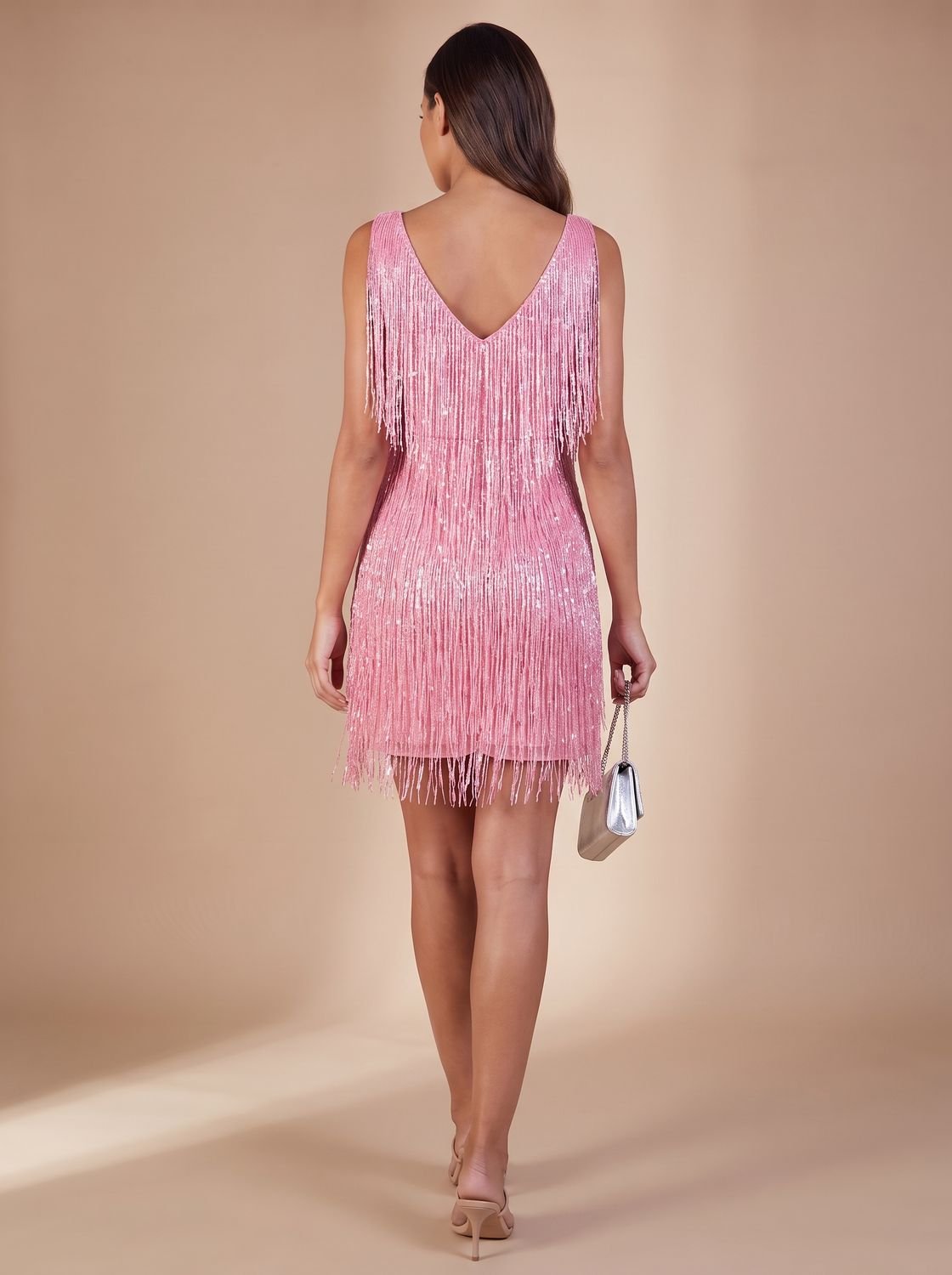 Mini-robe de soirée de Noël sans manches à sequins et franges, col en V, pour femme