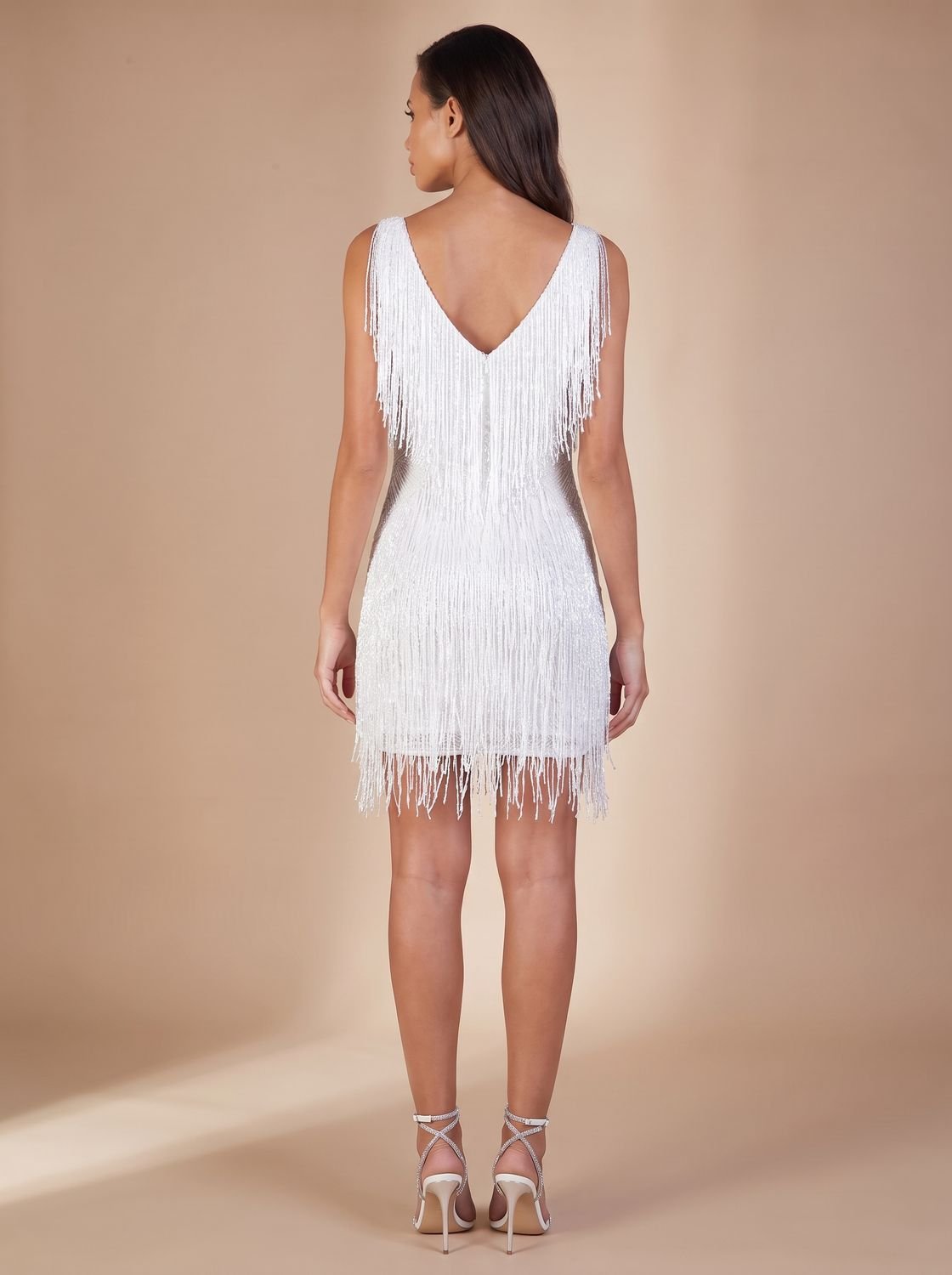 Mini-robe de soirée de Noël sans manches à sequins et franges, col en V, pour femme