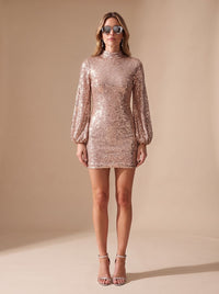 Mini-robe de soirée pour femme, à sequins, à manches longues et col montant