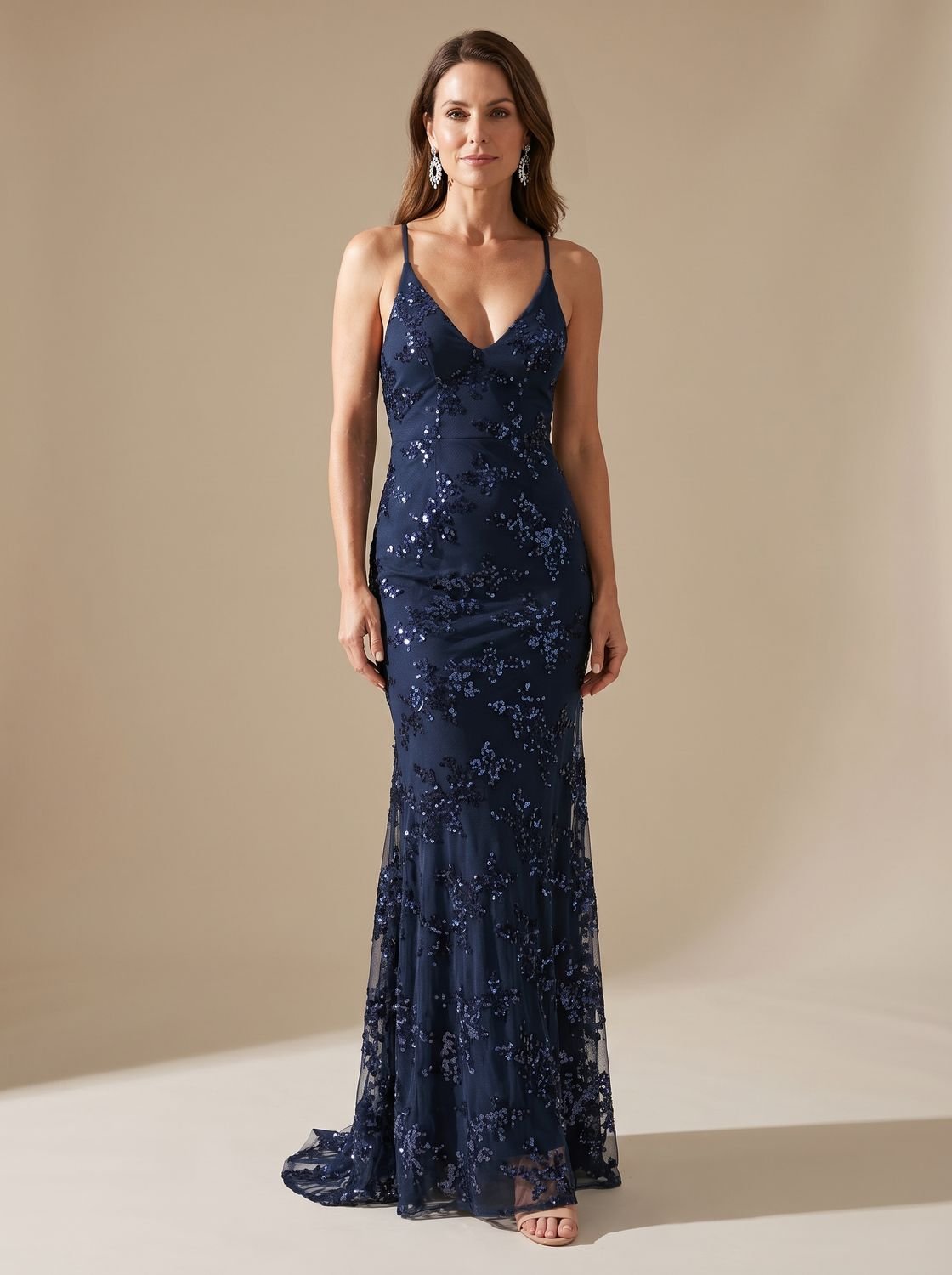 Women's Sequin Mermaid Maxi Christmas Party Dress with Spaghetti Straps and V-Neck