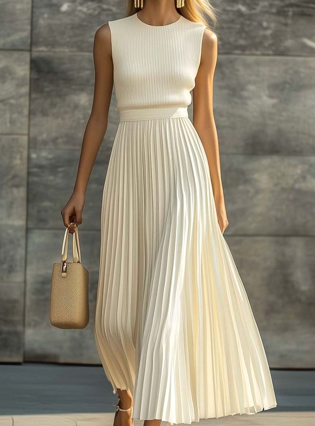 Robe longue plissée sans manches pour femme, à haut côtelé