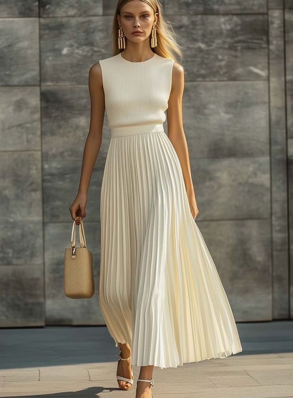 Robe longue plissée sans manches pour femme, à haut côtelé