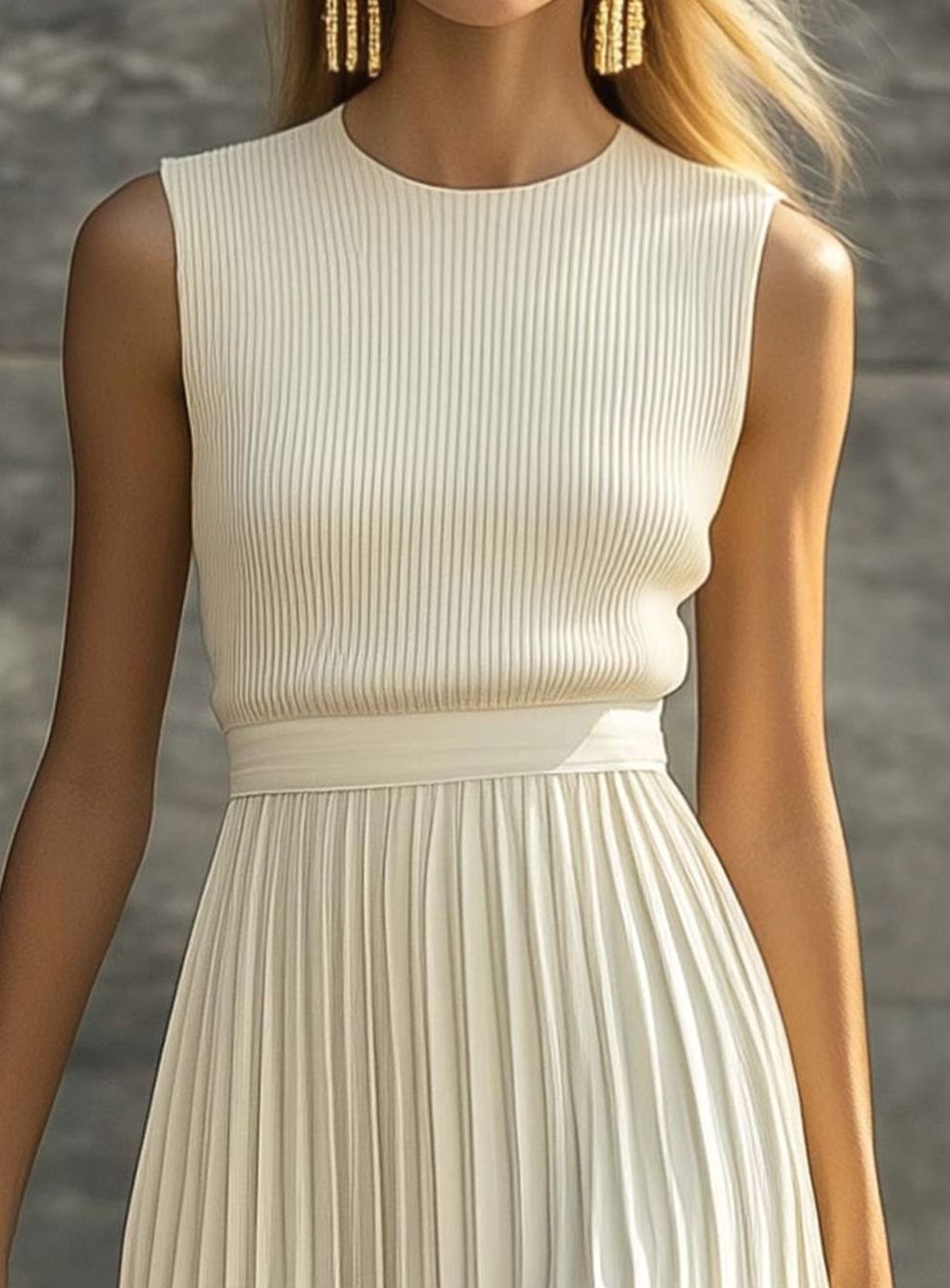 Robe longue plissée sans manches pour femme, à haut côtelé