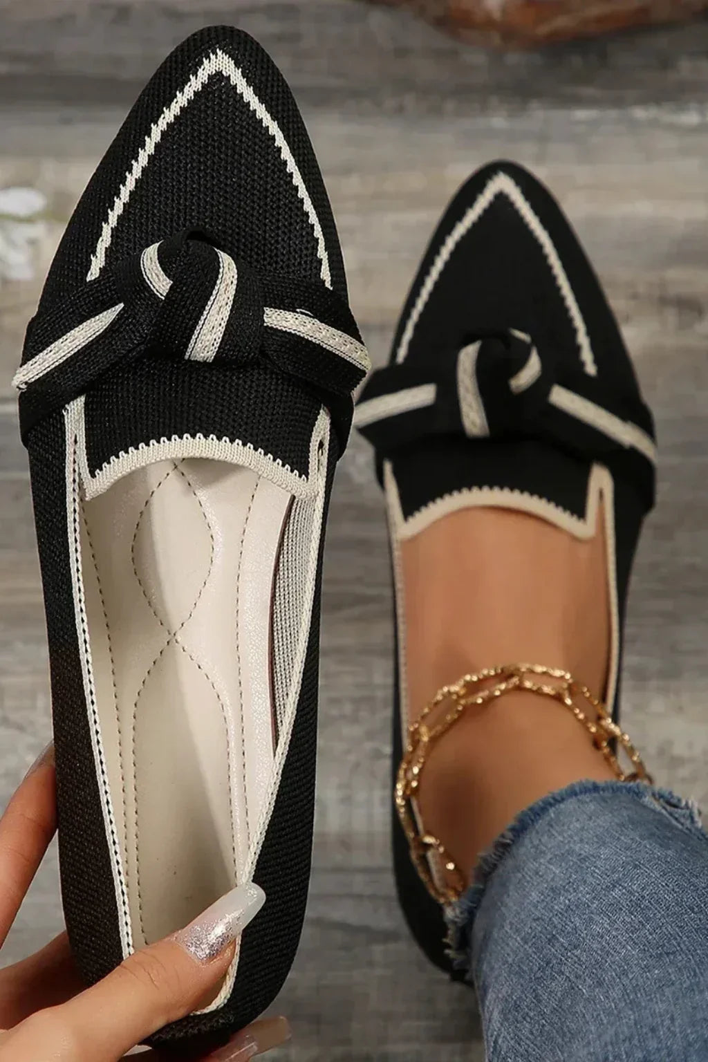 Women's Slip-On Pointed-Toe Knit Bow Loafers with Contrast Trim