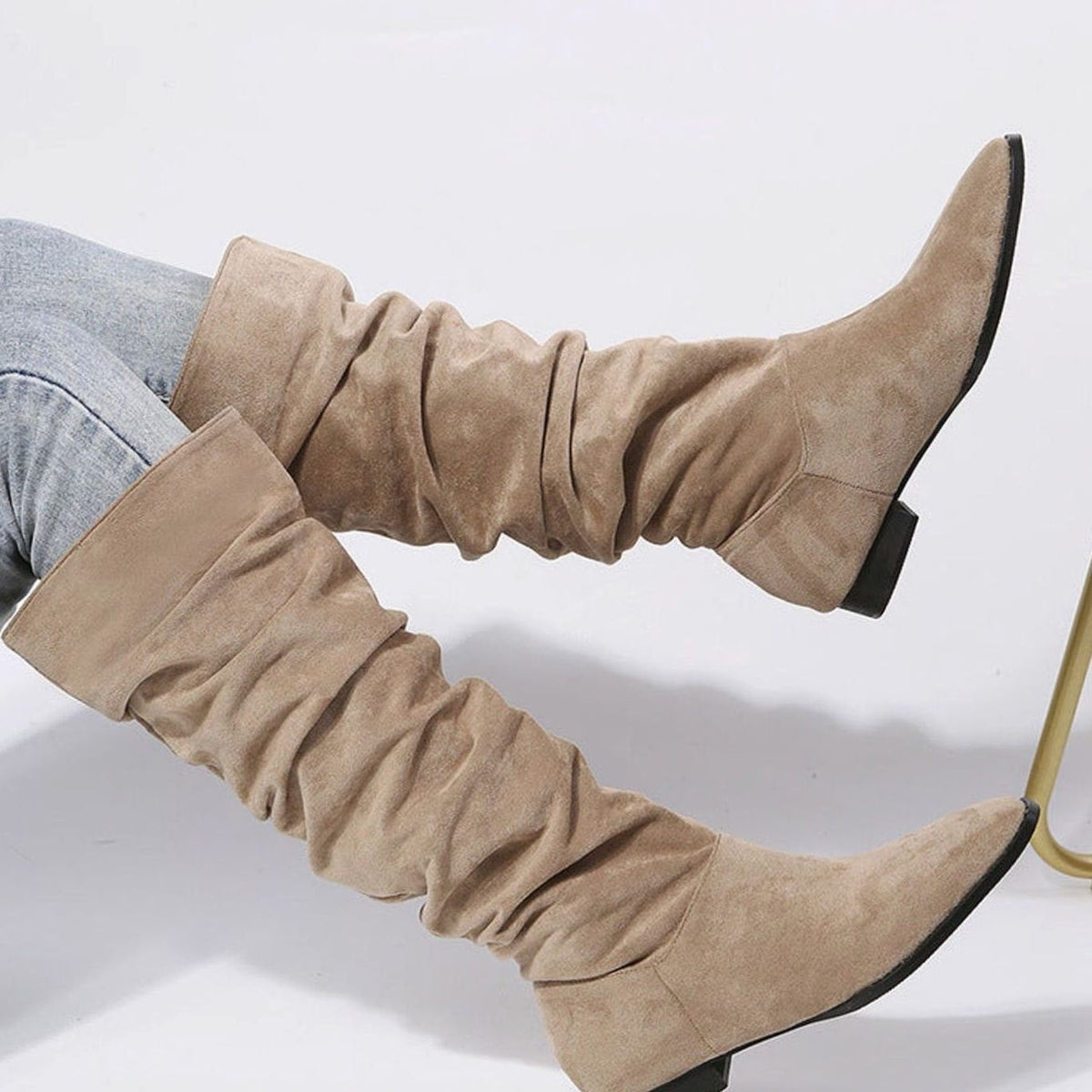 Women's Slouchy Pointed-Toe Knee-High Boots with Block Heel