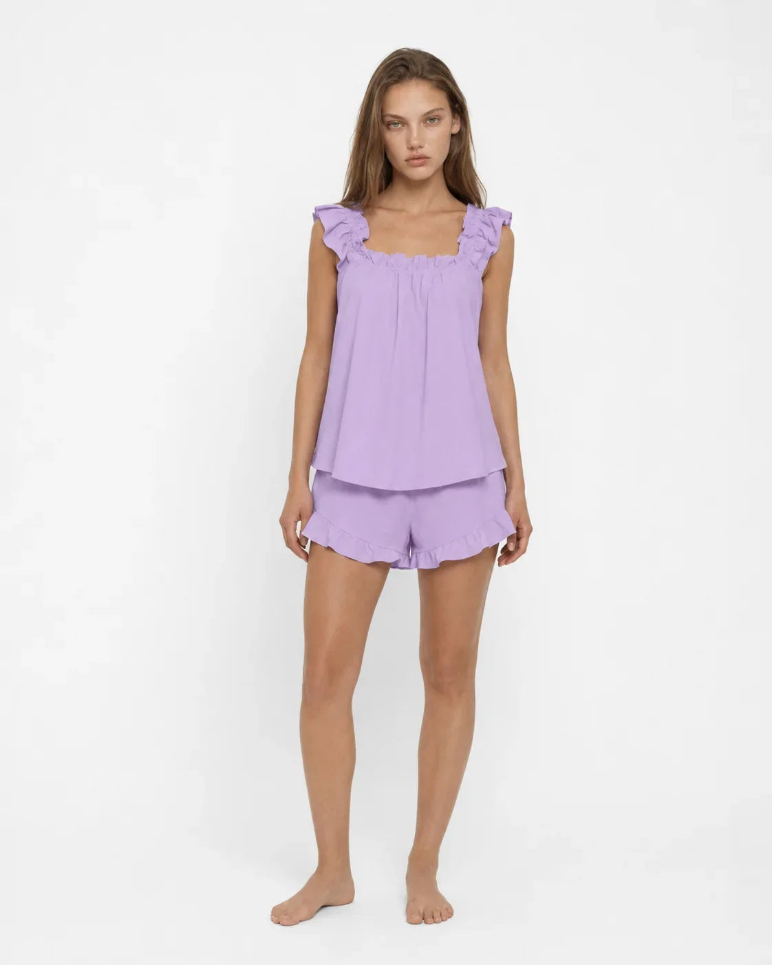 Ensemble d'intérieur pour femme à encolure carrée et bretelles à volants