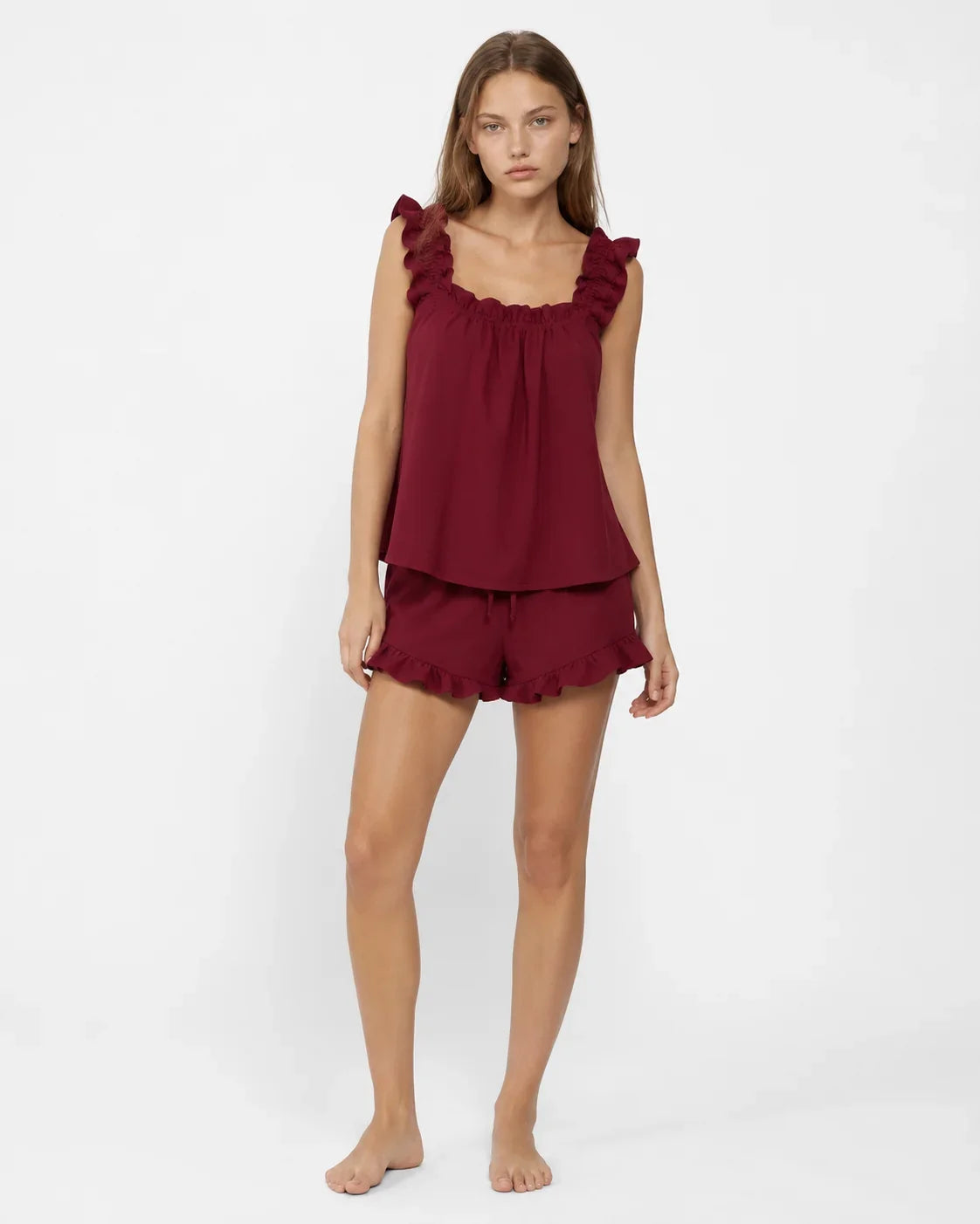 Ensemble d'intérieur pour femme à encolure carrée et bretelles à volants