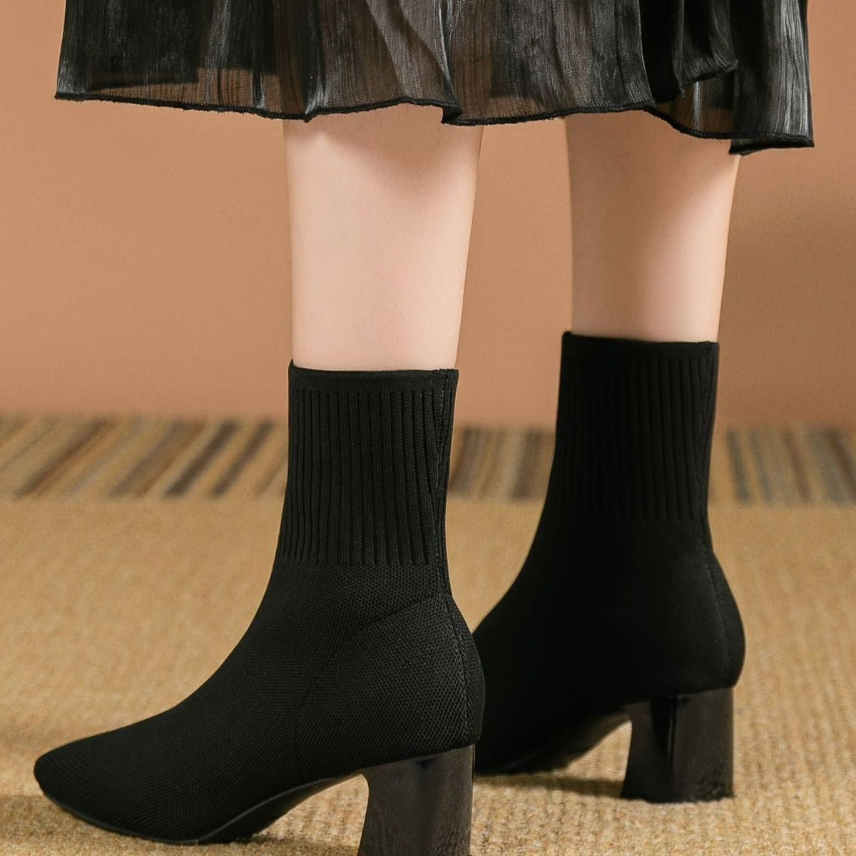 Women's Stretch Knit Square-Toe Block-Heel Ankle Boots