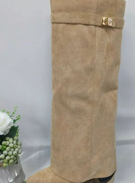 Women's Suede Knee-High Wedge Boots with Buckle Strap