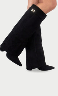 Women's Suede Pointed-Toe Gold-Buckle Thigh-High Boots