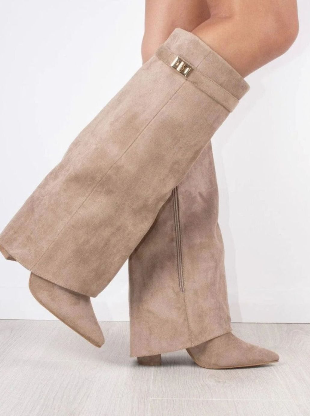 Women's Suede Pointed-Toe Gold-Buckle Thigh-High Boots