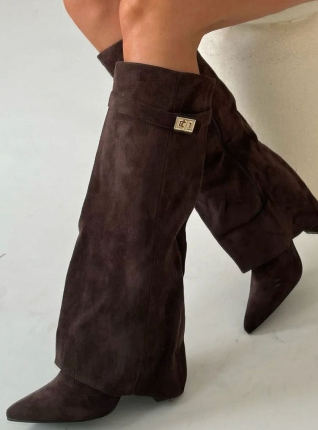 Women's Suede Pointed-Toe Gold-Buckle Thigh-High Boots